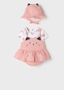 Baby girl romper-dress and hat set. Mayoral 1616 baby girl outfit. baby girl's dress and hat