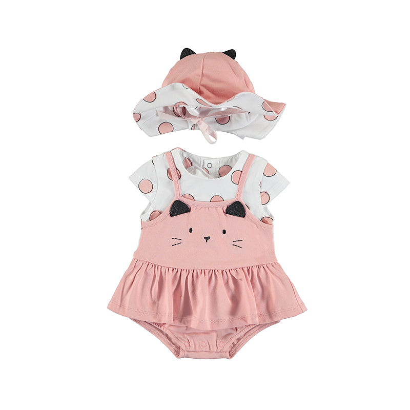 Baby girl romper-dress and hat set. Mayoral 1616 baby girl outfit. baby girl's dress and hat