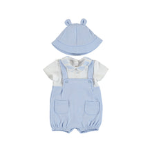 Load image into Gallery viewer, Baby boy romper and hat set in sky blue. Mayoral 1635 baby boy&#39;s romper suit and hat outfit.
