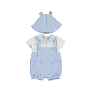 Baby boy romper and hat set in sky blue. Mayoral 1635 baby boy's romper suit and hat outfit.