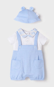 Baby boy romper and hat set in sky blue. Mayoral 1635 baby boy's romper suit and hat outfit.