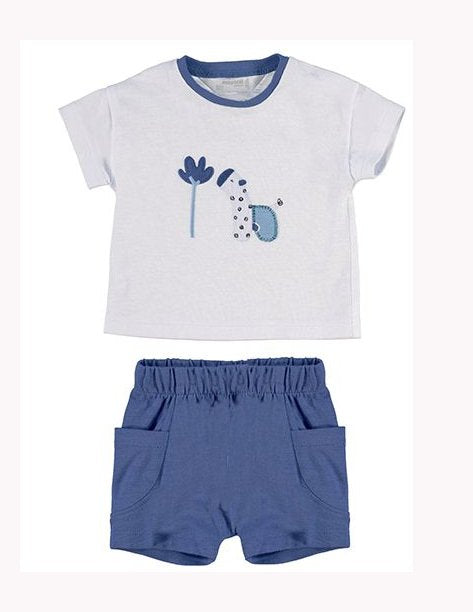 Baby boy appliqué tee shirt and denim-blue jersey shorts set. mayoral 1065b in blue . Baby  Boy's top and shorts  outfit to buy online on kidstuff.ie