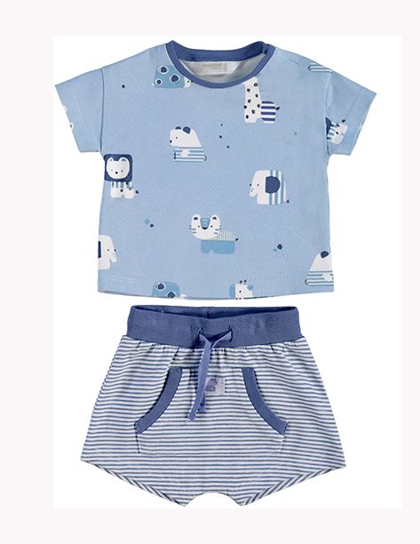 Baby boy animal printed tee shirt and matching striped shorts in sustainable cotton. Mayoral baby boy two piece set. 