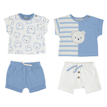 Load image into Gallery viewer, Baby boy set of two outfits in blue and white. Mayoral 1652 double outfit set. Two tops and two pairs of shorts for a baby boy with teddy bear motifs.

