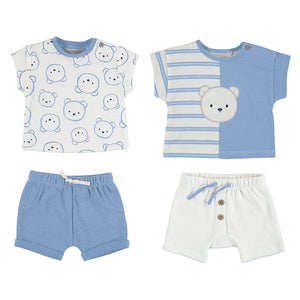 Baby boy set of two outfits in blue and white. Mayoral 1652 double outfit set. Two tops and two pairs of shorts for a baby boy with teddy bear motifs.