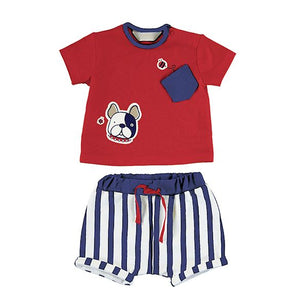 red tee shirt with a bulldog motif, navy pocket and trim paired with a co-ordinating stretchy shorts in navy and white. The tee shirt has a handy shoulder opening fastened with poppers. The stretchy shorts have an elasticated waist for comfort and narrow turn-ups at the legs. Made from sustainable cotton and part of Mayoral's Ecofriends range.