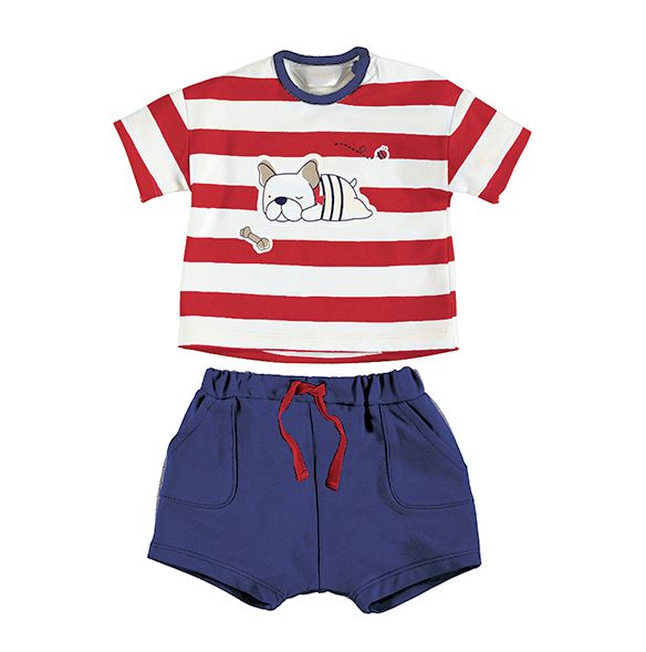  red and white striped tee shirt with a bulldog motif and navy trim paired with a co-ordinating stretchy shorts in navy, The tee shirt has a handy shoulder opening fastened with poppers. The stretchy shorts have an elasticated waist for comfort and two pockets. Made from sustainable cotton and part of Mayoral's Ecofriends range.
