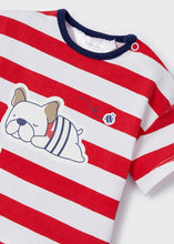 Load image into Gallery viewer,  Red and white striped tee shirt with a bulldog motif and navy trim paired with a co-ordinating stretchy shorts in navy, The tee shirt has a handy shoulder opening fastened with poppers. The stretchy shorts have an elasticated waist for comfort and two pockets. Made from sustainable cotton and part of Mayoral&#39;s Ecofriends range.
