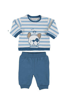 baby boy blue track suit with stroped top and blue jog bottoms ,Mayoral baby outfit 1681. Cute top with puppy dog motif and track bottoms for a baby boy available to buy online kidstuff.ie