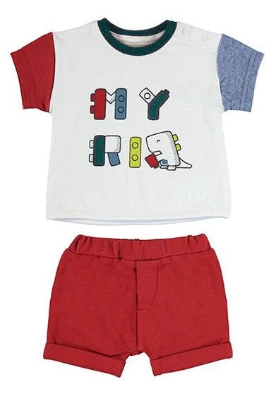 Top and shorts for a baby boy.White t shirt with printed front and co-ordinating red shorts.  Mayoral baby boy outfit  available on kidstuff.ie