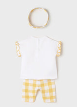 Load image into Gallery viewer, Baby girl&#39;s white top and check capri leggings set in banana yellow with matching headband. Mayoral 1715 baby girl&#39;s outfit in banana yellow.
