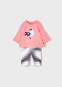 Two baby girls leggings and top outfits in pink and dark blue. Mayoral 1716 girl's 4 piece leggings outfits for a baby girl.