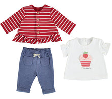 Load image into Gallery viewer, 3 piece set for a baby girl comprising a red and white striped cardigan jacket, an A-Line top with cute appliqué detail and a pair of stretchy jeggings. The cardigan has long sleeves, a frilled hem and buttons to the front. The short sleeved top is decorated with a strawberry ice-cream.Mayoral&#39;s Ecofriends range.
