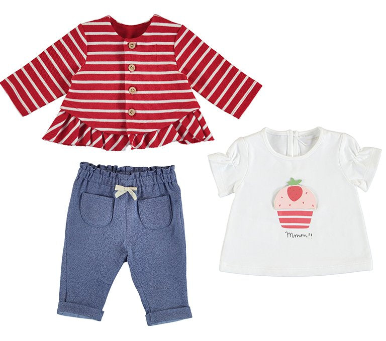 3 piece set for a baby girl comprising a red and white striped cardigan jacket, an A-Line top with cute appliqué detail and a pair of stretchy jeggings. The cardigan has long sleeves, a frilled hem and buttons to the front. The short sleeved top is decorated with a strawberry ice-cream.Mayoral's Ecofriends range.