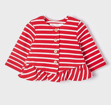 Load image into Gallery viewer, 3 piece set for a baby girl comprising a red and white striped cardigan jacket, an A-Line top with cute appliqué detail and a pair of stretchy jeggings. The cardigan has long sleeves, a frilled hem and buttons to the front. The short sleeved top is decorated with a strawberry ice-cream.Mayoral&#39;s Ecofriends range.
