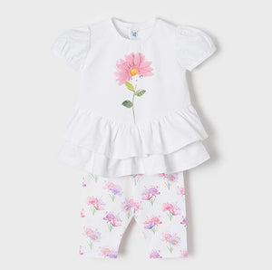 Baby girl's white frilled top with pink flower print and matching floral leggings. Mayoral 1719 baby girl outfit. Irish online kids boutique. Kidstuff.e