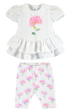 Load image into Gallery viewer, Baby girl&#39;s white frilled top with pink flower print and matching floral leggings. Mayoral  1719 baby girl outfit. 
