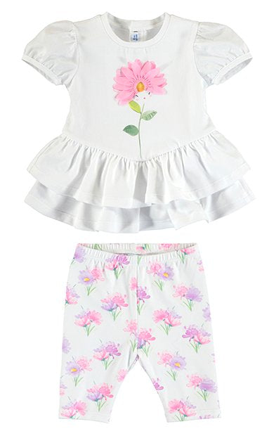 Baby girl's white frilled top with pink flower print and matching floral leggings. Mayoral  1719 baby girl outfit. 