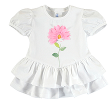Load image into Gallery viewer, Baby girl&#39;s white frilled top with pink flower print and matching floral leggings. Mayoral 1719 baby girl outfit.
