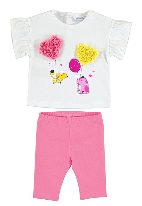 Baby girl's leggings set in camelia pink with  white top decorated with cats and embellished balloons. Mayoral 1722 girl's outfit in camelia pink.