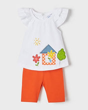 Load image into Gallery viewer, Baby girl&#39;s set with  embroidered top and orange leggings. mayoral 1724 girl&#39;s outfit in tangerine. Toddler girl&#39;s colourful 2 piece outfit
