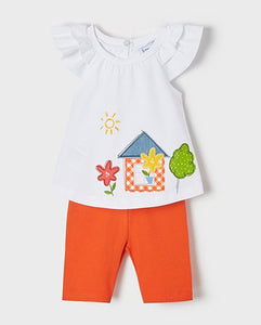 Baby girl's set with  embroidered top and orange leggings. mayoral 1724 girl's outfit in tangerine. Toddler girl's colourful 2 piece outfit