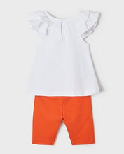 Load image into Gallery viewer, Baby girl&#39;s set with embroidered top and orange leggings. mayoral 1724 girl&#39;s outfit in tangerine. Toddler girl&#39;s colourful 2 piece outfit back view
