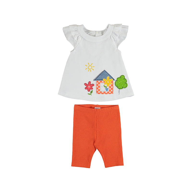 Baby girl's set with embroidered top and orange leggings. mayoral 1724 girl's outfit in tangerine. Toddler girl's colourful 2 piece outfit