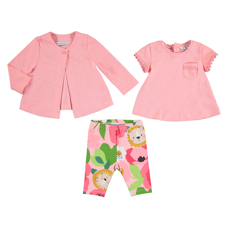 Baby girl's cardigan, top andprinted  leggings set. Mayoral 1725 Baby girls 3 piece in tulip rose colour