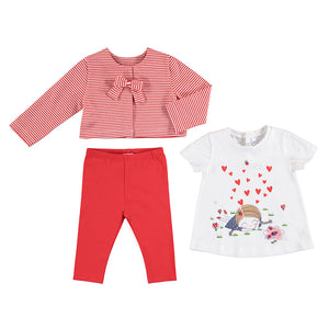 baby Girl's 3 piece outfit with red and white cardigan jacket, heart print tee shirt and plain red leggings. mayoral set 1727 for a bay girl in red.