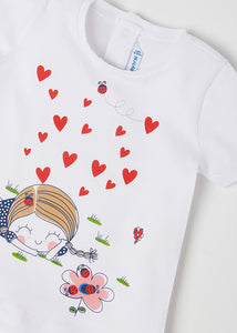 baby Girl's 3 piece outfit with red and white cardigan jacket, heart print tee shirt and plain red leggings. mayoral set 1727 for a bay girl in red.