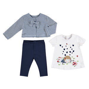 Toddler girl's 3 piece outfit with navy striped cardigan, navy leggings and printed top. Mayoral 1727  girl's outfit in navy blue