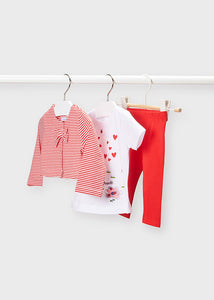 baby Girl's 3 piece outfit with red and white cardigan jacket, heart print tee shirt and plain red leggings. mayoral set 1727 for a bay girl in red.