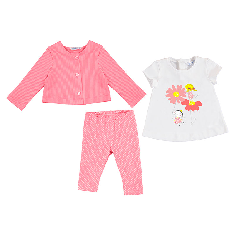 Baby girl's cardigan, daisy-print top and printed leggings  outfit in coral pink. Mayoral 1729 baby girl's outfit in coral.