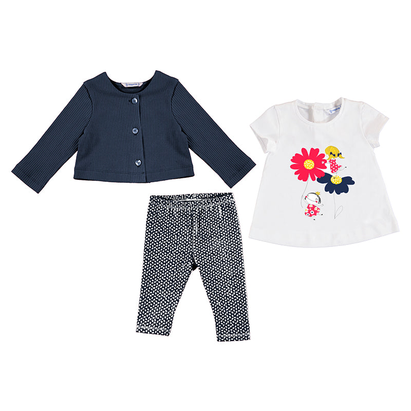  piece outfit comprising a navy cardigan, flower printed top and patterned leggings for a toddler girl. Mayoral 1729 baby girl's outfit.
