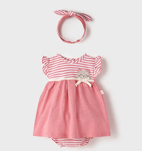 Load image into Gallery viewer, Azalea pink baby dress with matching panties and stretchy headband. Centre back popper fastening. Made from sustainable 100% cotton jersey and part of Mayoral&#39;s  Ecofriends range
