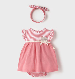 Azalea pink baby dress with matching panties and stretchy headband. Centre back popper fastening. Made from sustainable 100% cotton jersey and part of Mayoral's  Ecofriends range