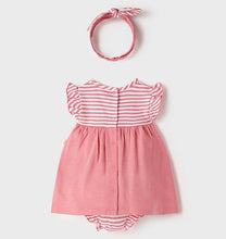 Load image into Gallery viewer, Azalea pink baby dress with matching panties and stretchy headband. Centre back popper fastening. Made from sustainable 100% cotton jersey and part of Mayoral&#39;s  Ecofriends range
