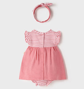 Azalea pink baby dress with matching panties and stretchy headband. Centre back popper fastening. Made from sustainable 100% cotton jersey and part of Mayoral's  Ecofriends range