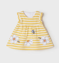 Load image into Gallery viewer, Striped banana-yellow and white baby dress with daisy and bumble dee embroidery. Mayoral 1855 baby dress in yellow. baby . Jersey dress for a baby girl in lemon yellow.
