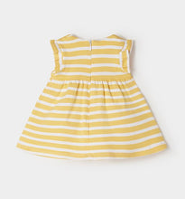 Load image into Gallery viewer, Striped banana-yellow and white baby dress with daisy and bumble dee embroidery. Mayoral 1855 baby dress in yellow. baby . Jersey dress for a baby girl in lemon yellow. back view.
