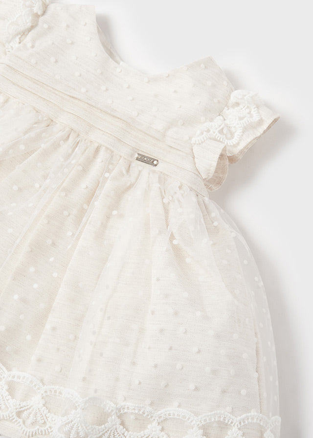 Ivory Baby party dress. Christening dress in ivory. Mayoral 1867 Baby Dress and panties. Lace baby dress and knickers