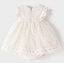 Load image into Gallery viewer, Ivory Baby party dress. Christening dress in ivory. Mayoral 1867 Baby Dress and panties. Lace baby dress and knickers
