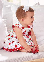 Load image into Gallery viewer, Baby Girl&#39;s Strawberr-print dress and panties. Mayoral 1874 Dress set in red. Baby dress and panties in red and white.
