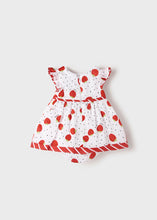 Load image into Gallery viewer, Baby Girl&#39;s Strawberr-print dress and panties. Mayoral 1874 Dress set in red. Baby dress and panties in red and white. back view.
