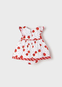Baby Girl's Strawberr-print dress and panties. Mayoral 1874 Dress set in red. Baby dress and panties in red and white. back view.