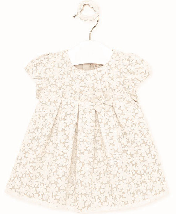 Baby girl's ivory dress. Short sleeved baby dress in ivory. Flower print cream baby dress. Mayoral Baby dress