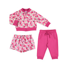 Load image into Gallery viewer, Toddler girl pink patterened 3 piece tracksuit. Mayoral 1887 jacket, joggers and shorts for a baby girl

