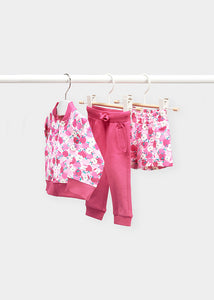 Toddler girl pink patterened 3 piece tracksuit. Mayoral 1887  jacket, joggers and shorts for a baby girl on kidstuff.ie
