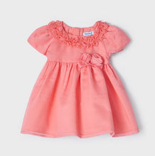 Load image into Gallery viewer, A beautiful dress for a baby or toddler girl in coral pink . High-waisted style . Short puff sleeves and  neckline  decorated with ruffles. Waist embellished with fabric bow two roses Net underneath. Centre back concealed zipper. Buy online kidstuff.ie Made by Mayoral
